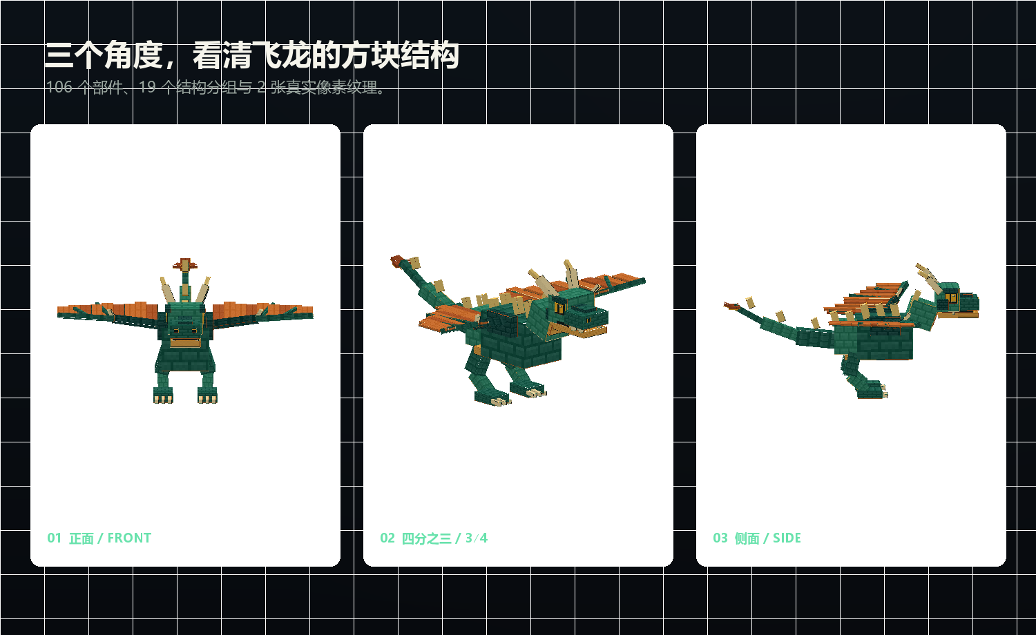 Positive, three-quarters and side structure view of the Wyvern Blockbench biological model