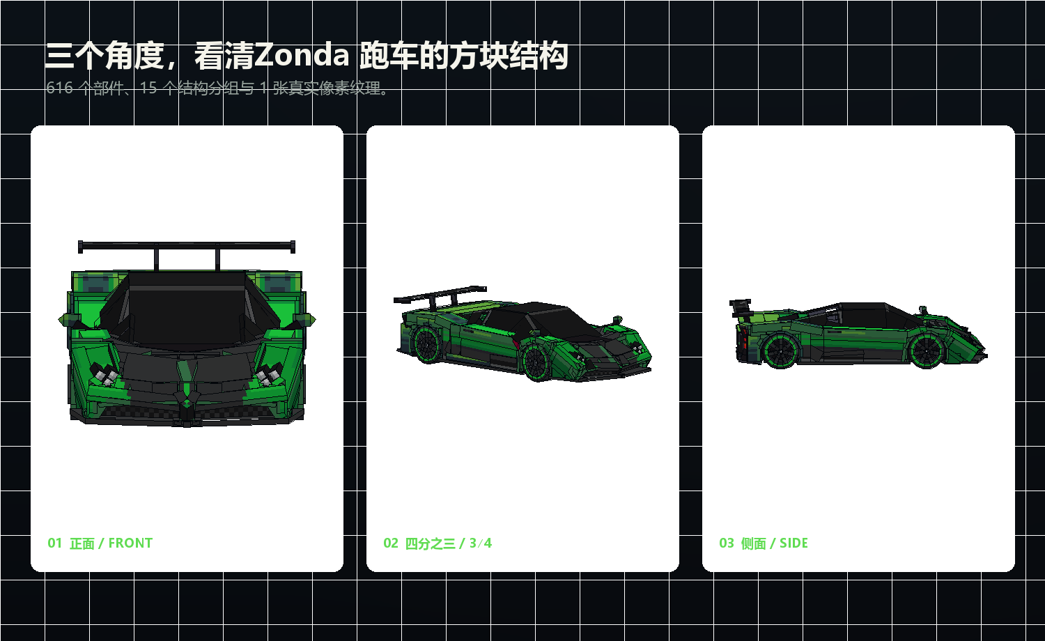 Zonda 跑车 Blockbench 载具模型的正面、四分之三和侧面视图