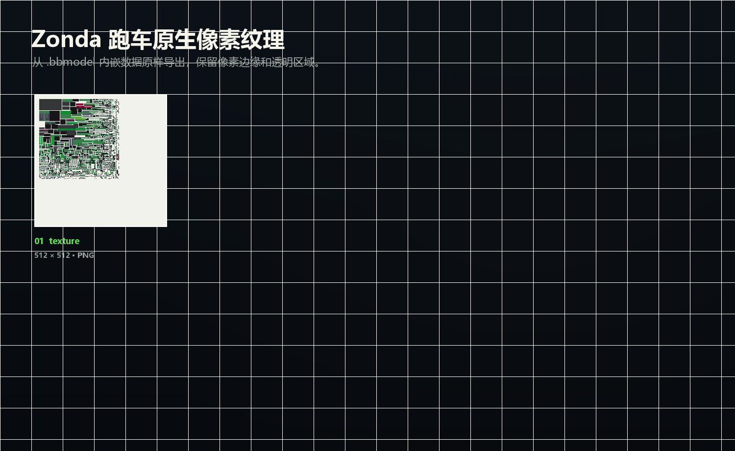 Zonda 跑车 Blockbench 模型的 512 × 512 原生像素纹理总览