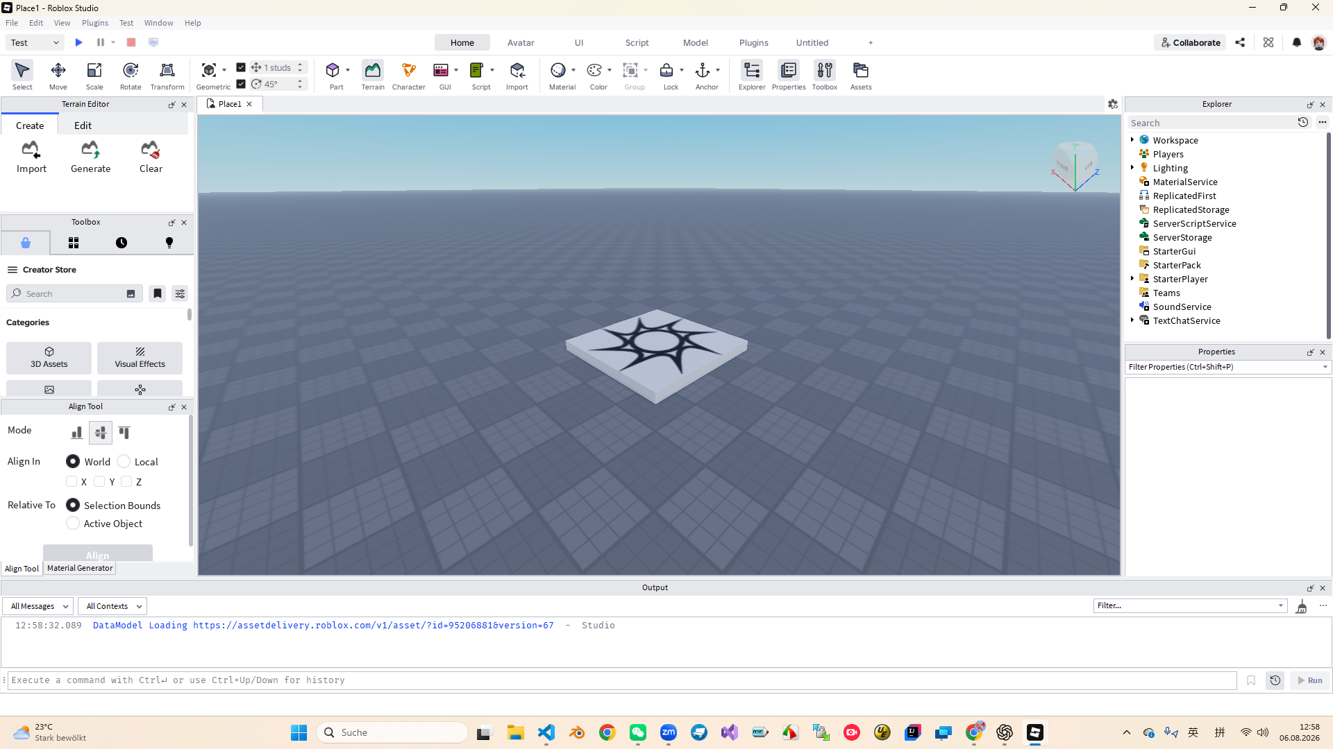 Roblox Studio 编辑器全貌，中央是 3D 视口，右侧是 Explorer，底部是 Output