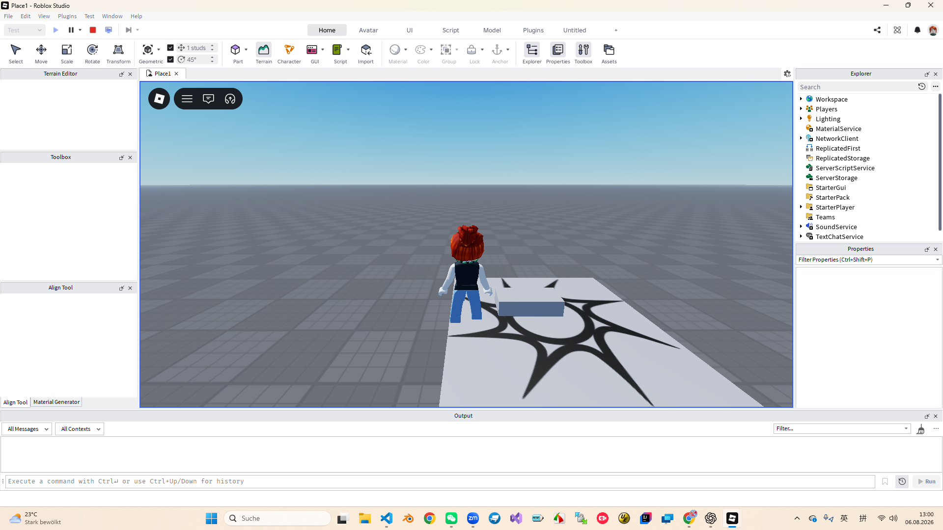 Roblox Studio Playtest 运行中，玩家角色进入场景并靠近 MyFirstPart
