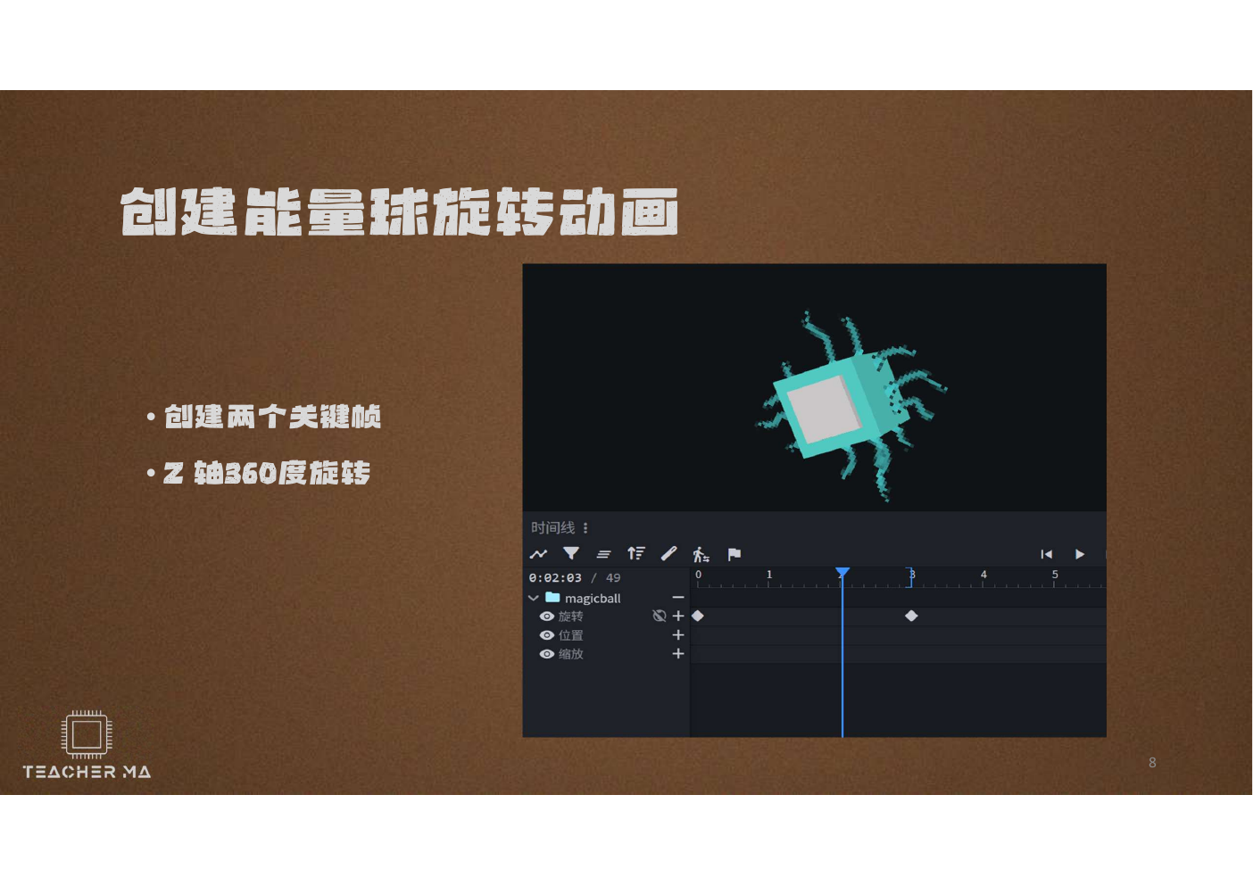 Screenshot of creating energy ball rotation animation in Blockbench timeline